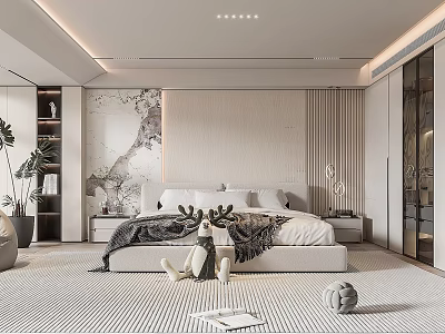 Modern Bedroom Interior With Textured Wall White Bed Gray Blanket Striped Rug And Recessed Lighting 3d model