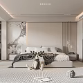 Modern Bedroom Interior With Textured Wall White Bed Gray Blanket Striped Rug And Recessed Lighting