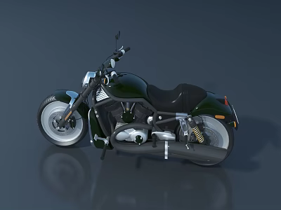 Dark Green Motorcycle with Black Seat Silver Wheels and Engine Parts on Gray Reflective Surface 3d model