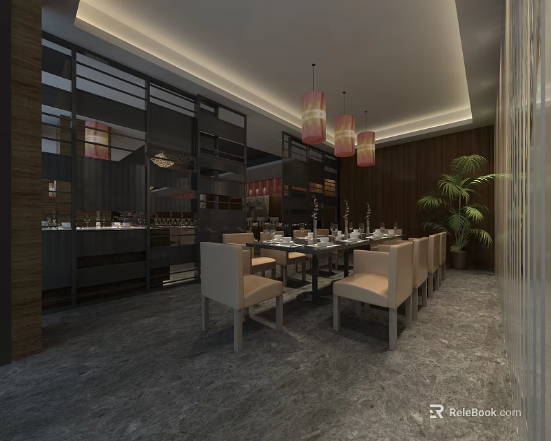 Elegant Modern Restaurant Interior With Dining Table Chairs Pendant Lights And Potted Plant 3d model 