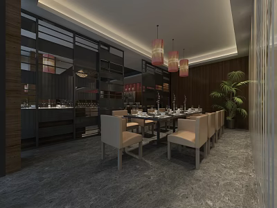 Elegant Modern Restaurant Interior With Dining Table Chairs Pendant Lights And Potted Plant 3d model