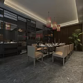 Elegant Modern Restaurant Interior With Dining Table Chairs Pendant Lights And Potted Plant