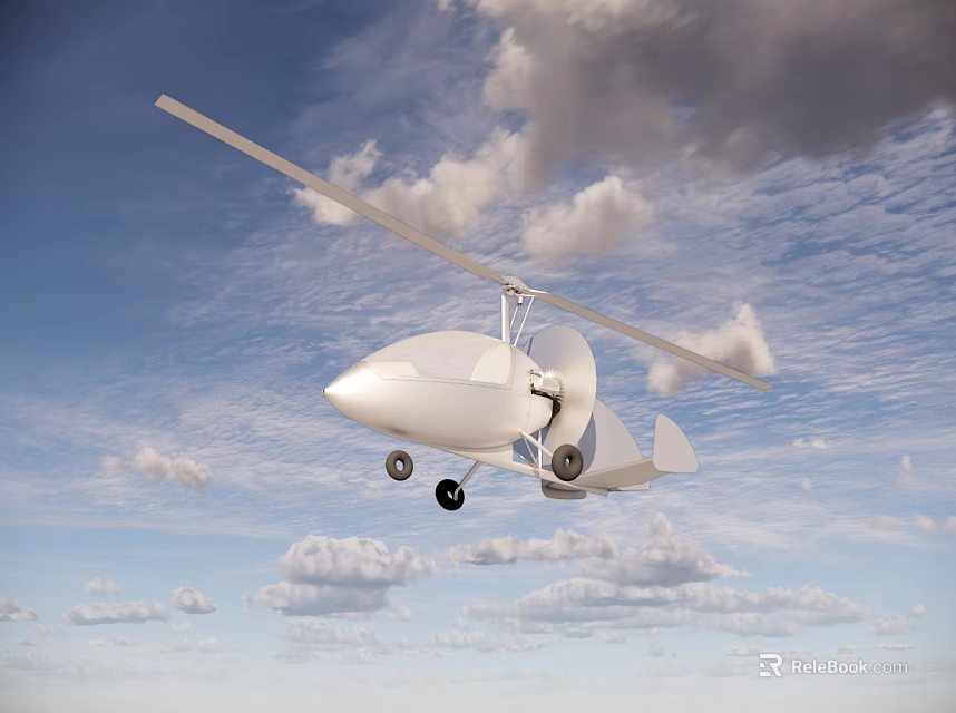 White Lightweight Helicopter Flying In Blue Sky With White Clouds And Clear Structure 3d model 