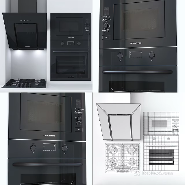 Sleek Black Kitchen Appliances Microwave Oven Range Hood And Stove Design View 3d model 