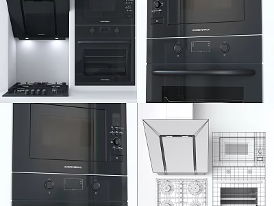 Sleek Black Kitchen Appliances Microwave Oven Range Hood And Stove Design View 3d model