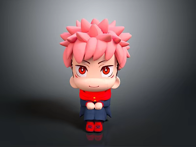 Pink Haired Anime Character Figurine With Red Eyes Red Blue Outfit And Red Shoes 3d model