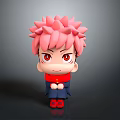 Pink Haired Anime Character Figurine With Red Eyes Red Blue Outfit And Red Shoes