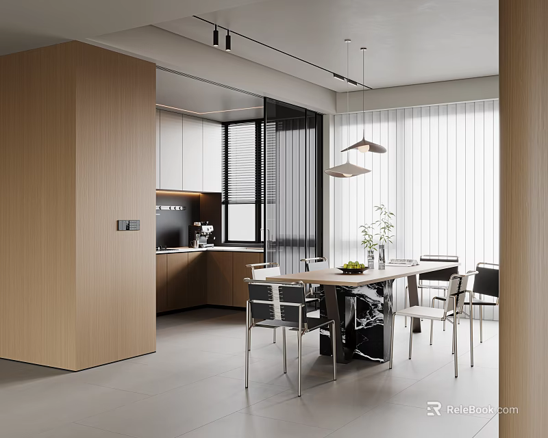 Modern Restaurant Open Kitchen And Dining Space With Wooden Cabinets Sleek Table And Pendant Lights 3d model 