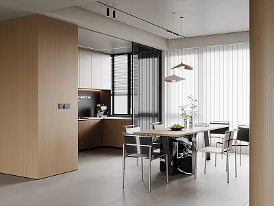 Modern Restaurant Open Kitchen And Dining Space With Wooden Cabinets Sleek Table And Pendant Lights 3d model