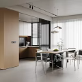 Modern Restaurant Open Kitchen And Dining Space With Wooden Cabinets Sleek Table And Pendant Lights