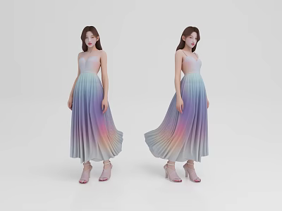 Woman in Gradient Pleated Long Dress with High Heels on White Background 3d model