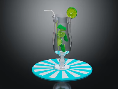 Refreshing Beverage in Tall Glass with Lime Slices and Garnish on Blue White Tray 3d model