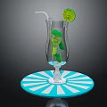 Refreshing Beverage in Tall Glass with Lime Slices and Garnish on Blue White Tray
