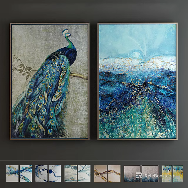 Modern Peacock Animal Paintings With Blue Green Feathers And Abstract Artwork For Home Wall Decor 3d model 