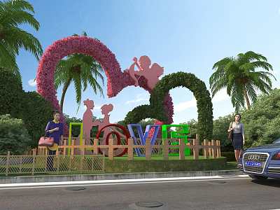 Outdoor Love Themed Decoration With Heart Shape Cupid Figure LOVE Letters And Palm Trees 3d model