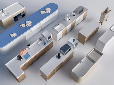 Modern Bar Counter Design With Wooden White Cabinets Countertop And Tableware Equipment 3d model
