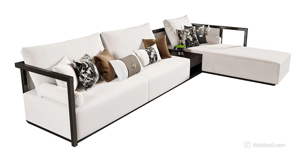 Modern L Shaped White Sectional Sofa With Black Frame And Mixed Pattern Pillows 3d model
