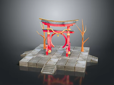 Landscape View of Traditional Red Torii Gate on Gray Stone Platform with Orange Trees 3d model