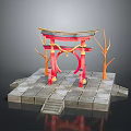 Landscape View of Traditional Red Torii Gate on Gray Stone Platform with Orange Trees