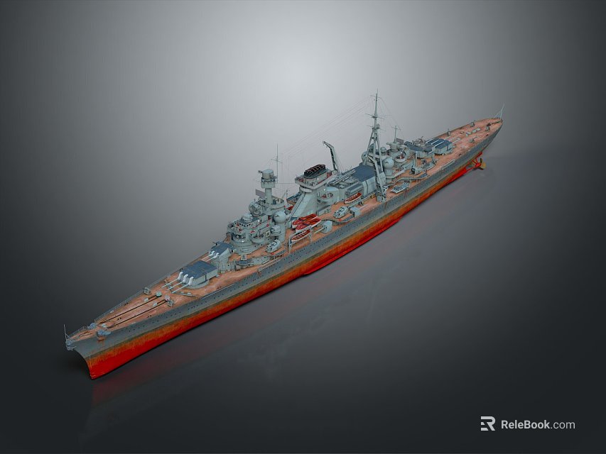Detailed Warship 3D Model With Gray Hull Red Bottom And Side View 3d model 