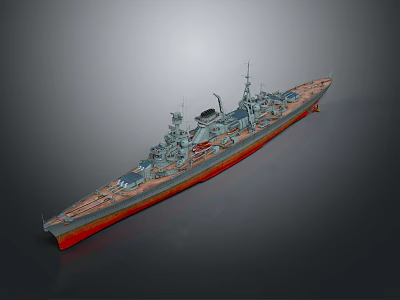 Detailed Warship 3D Model With Gray Hull Red Bottom And Side View 3d model