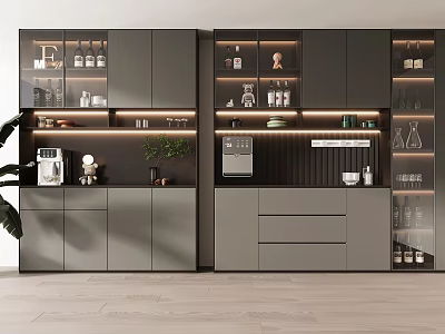 Modern Dark Gray Wine Cabinet With Glass Doors Built in Lighting And Wine Racks 3d model