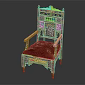 Ornate Traditional Chair with Intricate Carvings Red Cushion Golden Decorations and Colorful Inlays