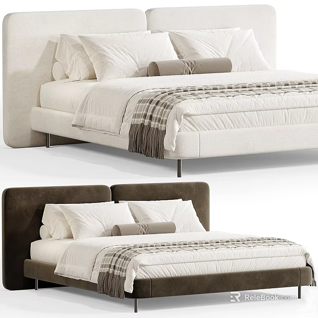 Modern Upholstered Double Bed With Light And Dark Headboards White Pillows And Plaid Throw 3d model 