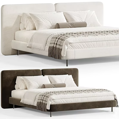 Modern Upholstered Double Bed With Light And Dark Headboards White Pillows And Plaid Throw 3d model