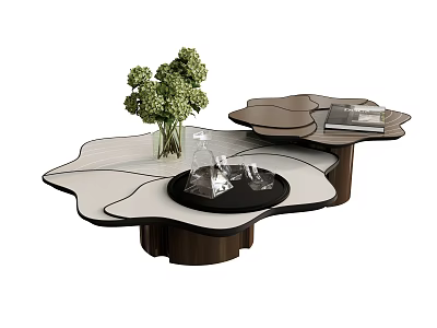 Modern Irregular Coffee Table With White Brown Surface Green Plant Glass Vase And Book 3d model