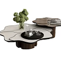 Modern Irregular Coffee Table With White Brown Surface Green Plant Glass Vase And Book