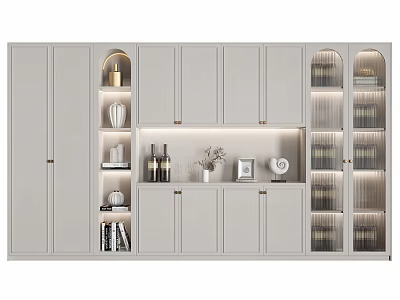 Modern Light Gray Wine Cabinet With Open Shelves Cabinets Wine Bottles Decorative Items And Lighting 3d model
