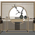 Bamboo Console Table With Circular Cutout Screen And Decorative Branches Vase Jars 3d model