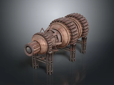 Rusted Mechanical Weapon With Gear Structure Metal Stand And Cylindrical Barrel 3d model
