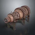 Rusted Mechanical Weapon With Gear Structure Metal Stand And Cylindrical Barrel 3d model