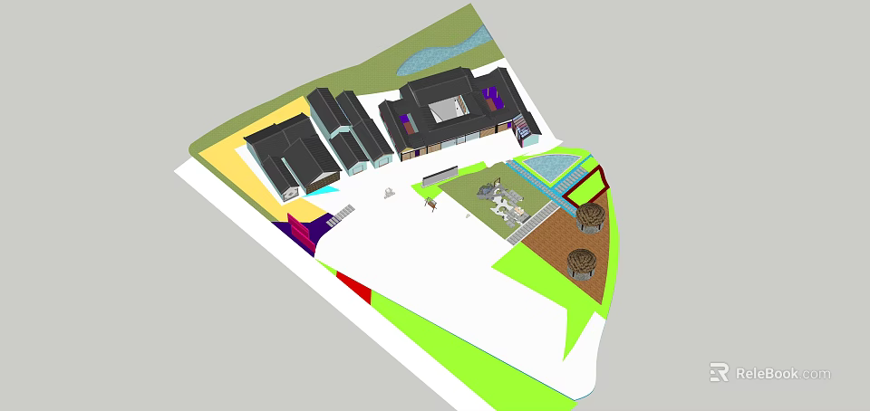 Garden Landscape Design With Buildings Green Spaces Walkways And Seating Areas 3d model 