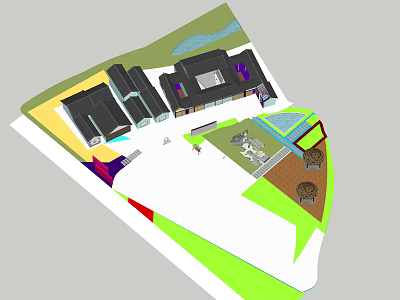 Garden Landscape Design With Buildings Green Spaces Walkways And Seating Areas 3d model