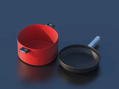 Red Pot And Black Frying Pan Kitchen Cookware Essentials Collection 3d model