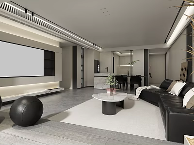 Modern Living Dining Room Interior With Large TV Black Sofa Round Coffee Table Dining Table 3d model