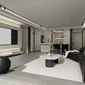 Modern Living Dining Room Interior With Large TV Black Sofa Round Coffee Table Dining Table