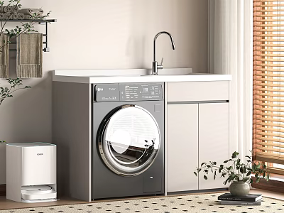 Modern Balcony Cabinet Design With Washing Machine Sink Storage And Green Plants 3d model