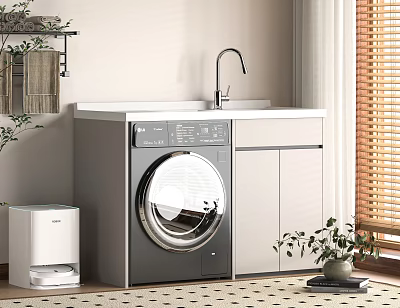 Modern Balcony Cabinet Design With Washing Machine Sink Storage And Green Plants 3d model