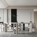 Modern Restaurant Interior With Marble Dining Table White Chairs And Green Plants 3d model