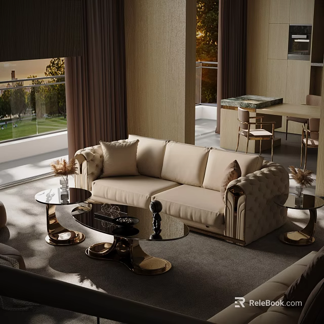 Luxurious Modern Beige Tufted Sofa With Glass Top Coffee Tables Gold Metal Base 3d model 