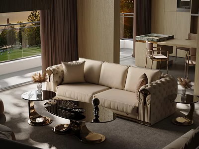 Luxurious Modern Beige Tufted Sofa With Glass Top Coffee Tables Gold Metal Base 3d model