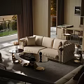 Luxurious Modern Beige Tufted Sofa With Glass Top Coffee Tables Gold Metal Base