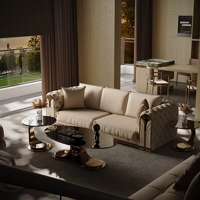 Luxurious Modern Beige Tufted Sofa With Glass Top Coffee Tables Gold Metal Base 3d model