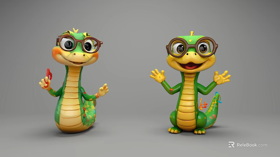 Two Green Cartoon Reptiles Wearing Glasses With Friendly Expressions And Yellow Bellies 3d model 