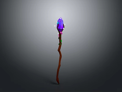 Enchanting Magic Staff With Purple Crystal Brown Wooden Shaft And Green Decorations 3d model