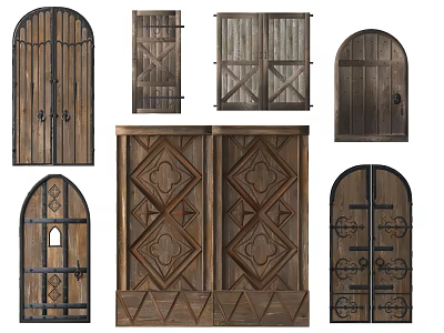 Diverse Wooden Door Designs With Arch Shapes And Carved Patterns 3d model